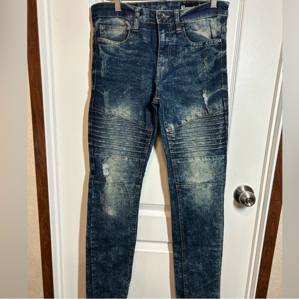 Men's Blue Distressed Moto Jeans